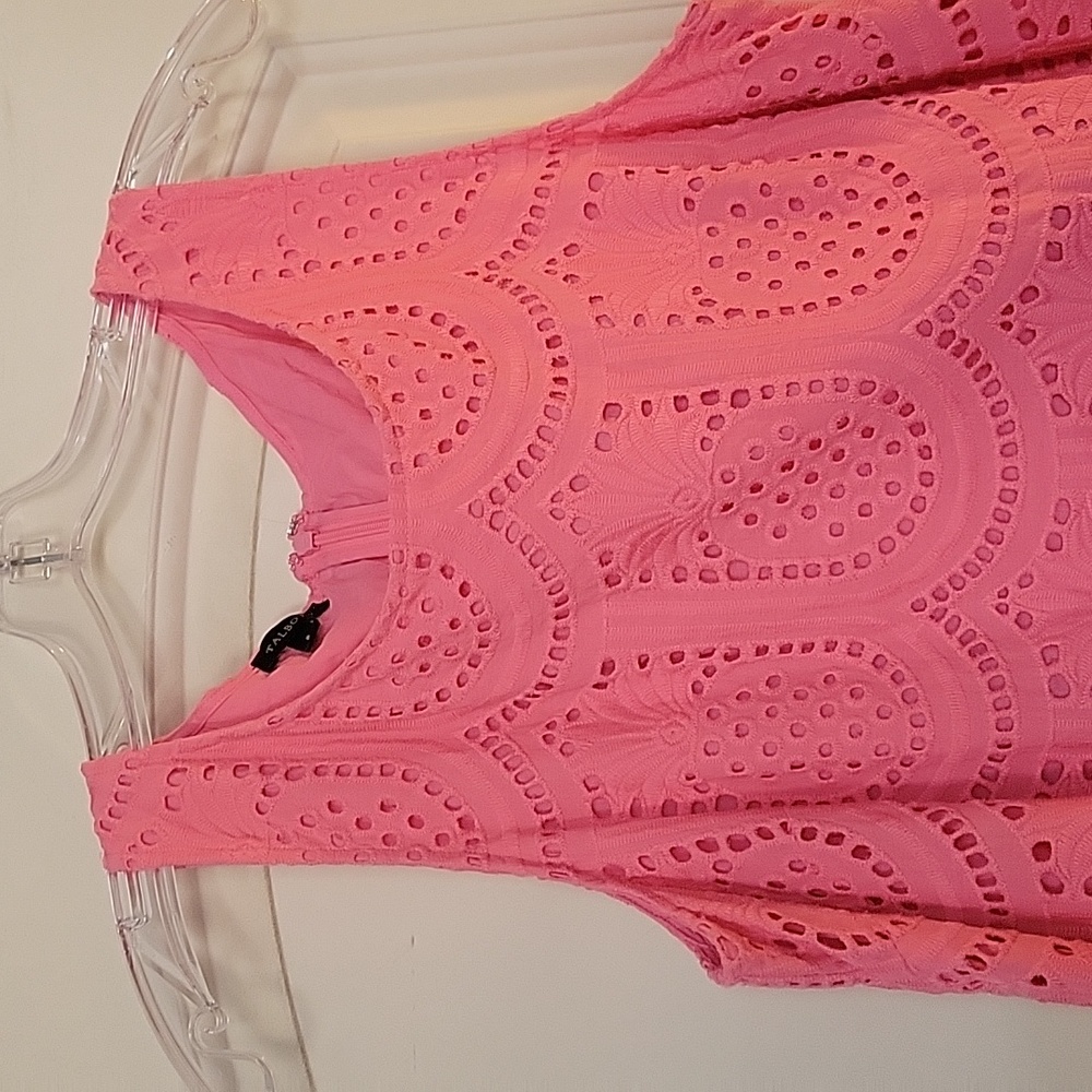 Sleeveless coral shift pineapple eyelet dress